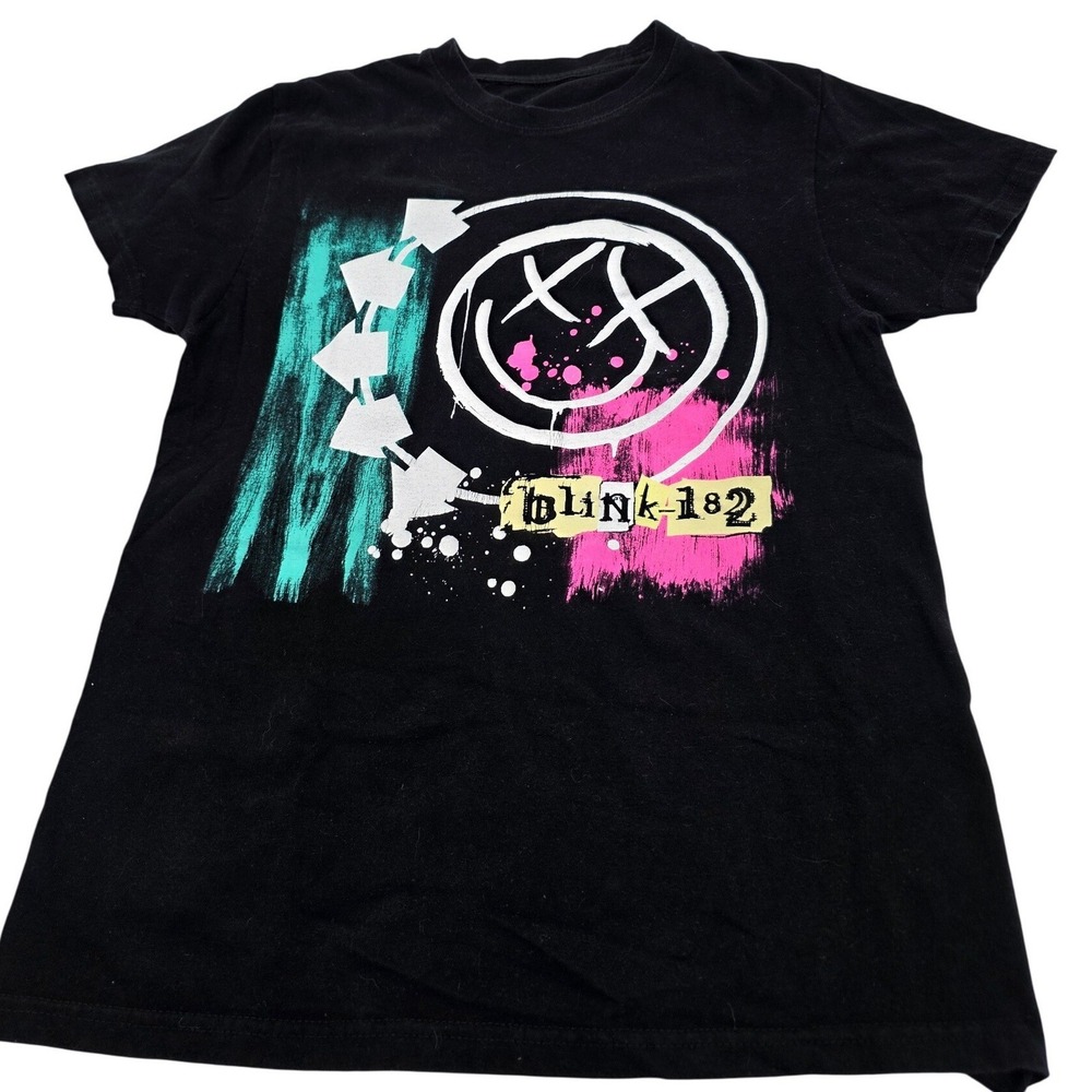 Blink-182 Graphic T-Shirt Womens Small Black Good Smiley Face Pop Punk Band Tee